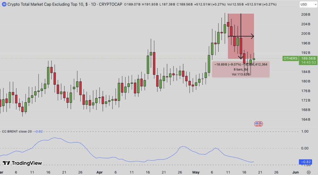 Daily candlestick chart of Crypto Total Market Cap Excluding Top 10; recent drop of about 19B (-9%), pink highlight shows the down move.