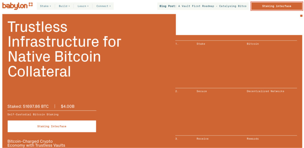 Orange infographic titled 'Trustless Infrastructure for Native Bitcoin Collateral' with staking steps (Stake, Secure, Receive) and a prominent 'Staking Interface' button.